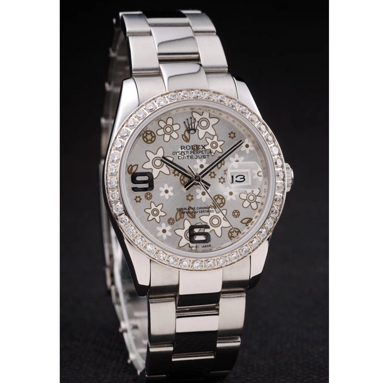 Aaa replica Rolex Datejust Plated Stainless Flowers Diamond Silver Steel Dial rl305 0627